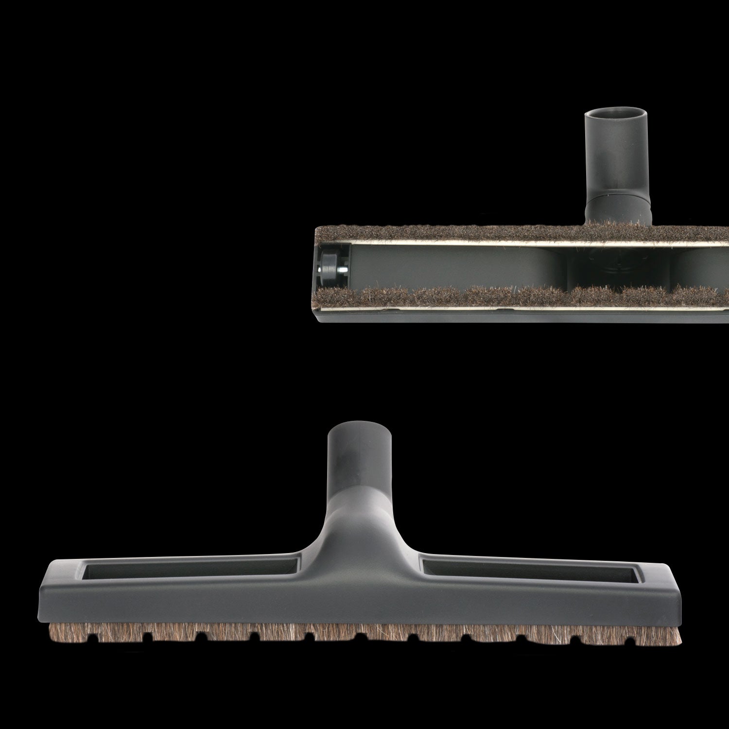 Floor Brush with Wheels and Horsehair Bristles 14" 1 1/4" Friction Fit Neck Wide Black