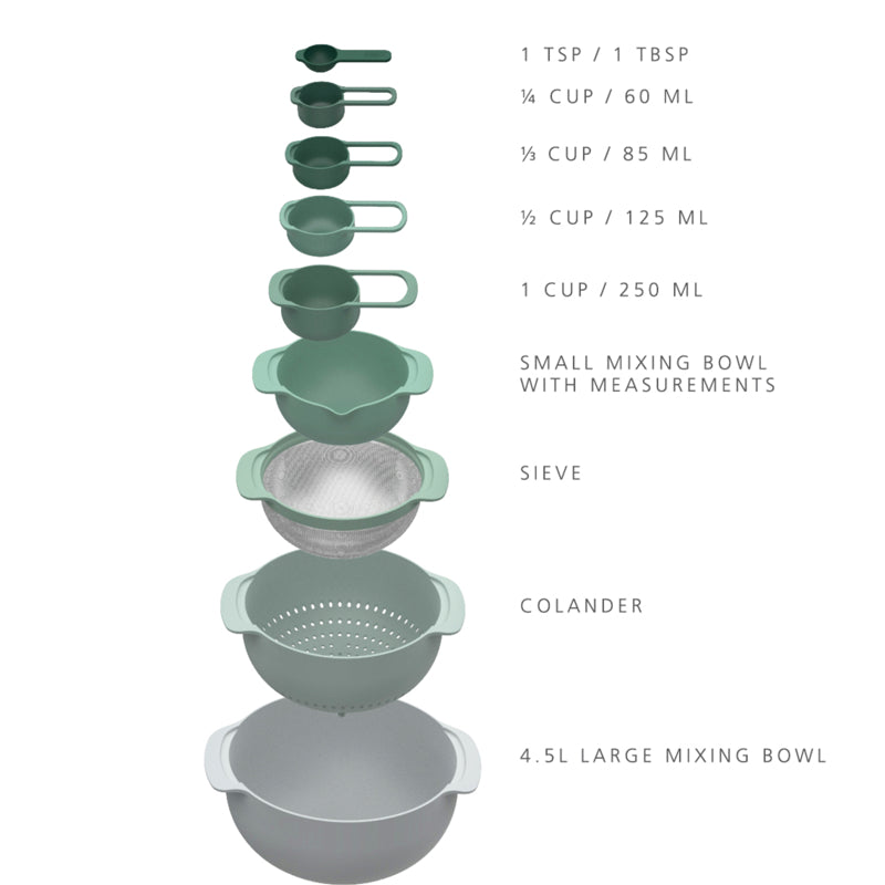Joseph Joseph Nest™ 9 Plus Food Preparation Set – Space-Saving Sage Colours