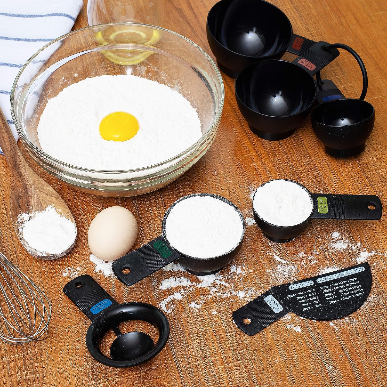 Fox Run Measuring Cup Set – 7-Piece Black Plastic with Egg Separator & Leveler, 1/4 Cup to 1 Cup